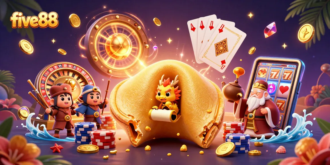 Experience the excitement of five88 with a vibrant 3D casino scene of fortune and game elements.