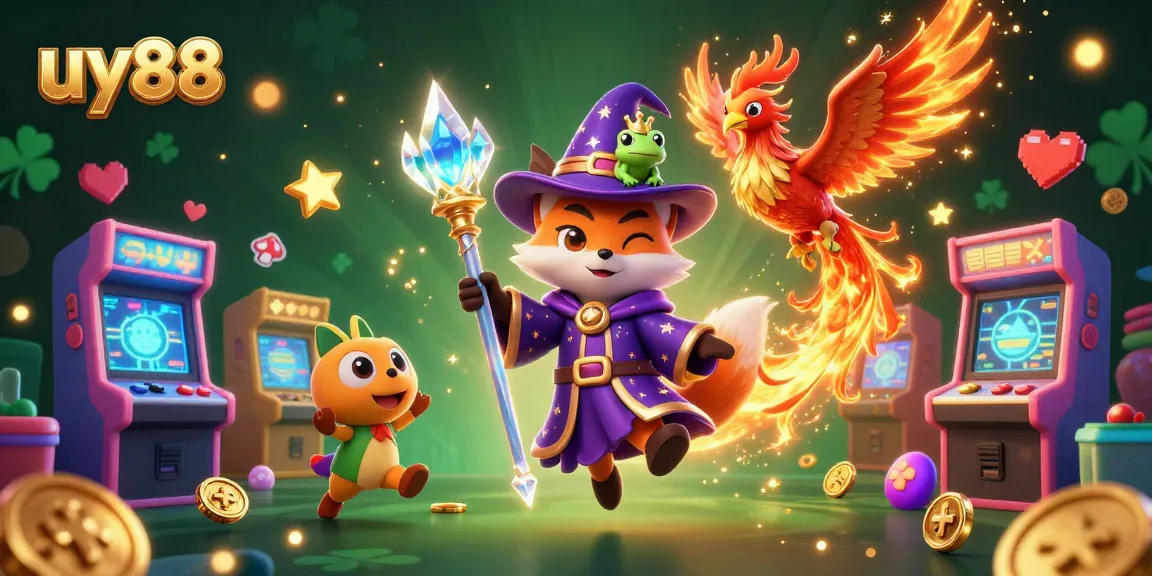 Engage with uy88's colorful gaming world featuring a wizard fox and phoenix in an enchanted casino setting.