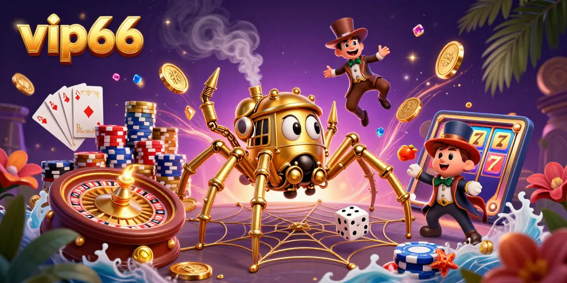 Catch the excitement at vip66 with a steampunk spider and dice amid dazzling casino elements.