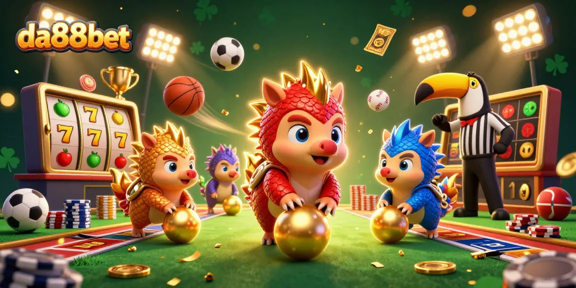 Play exciting games at da88bet, where pangolins compete amidst golden slots and vibrant casino action.
