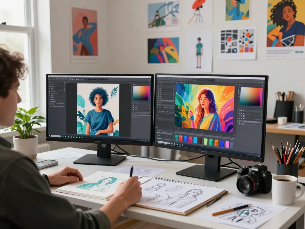 Artist generating visuals using the advanced nano banana flash AI editor in a vibrant studio.