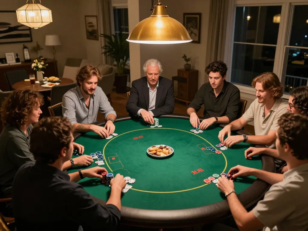 Players enjoying a lively card game during home poker night at LC88, showcasing strategic gameplay.