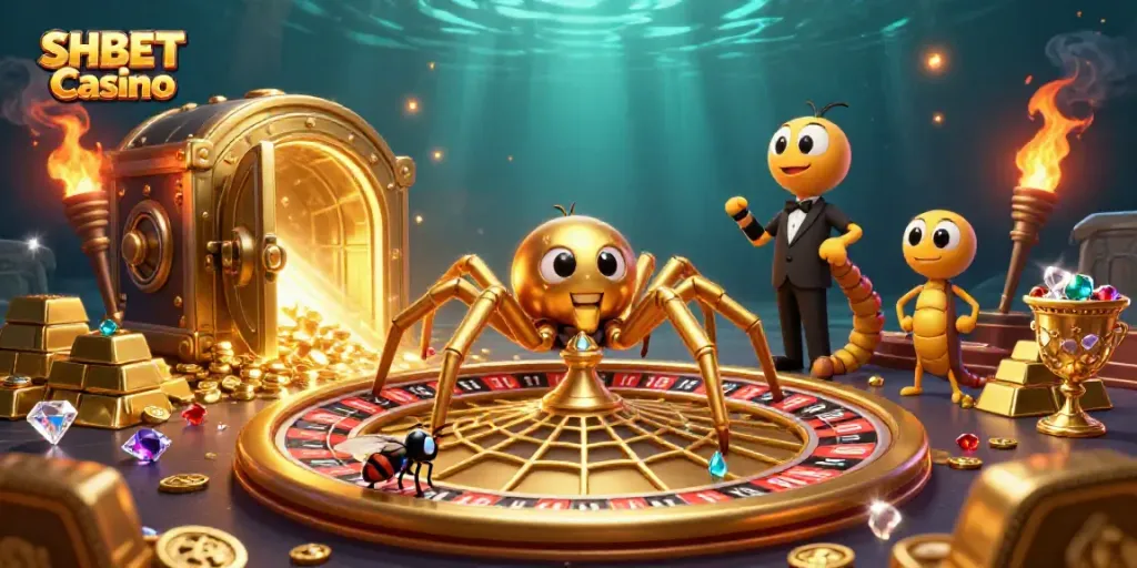 Engage with SHBET Casino's thrilling games in a vibrant, detailed casino-themed 3D illustration.