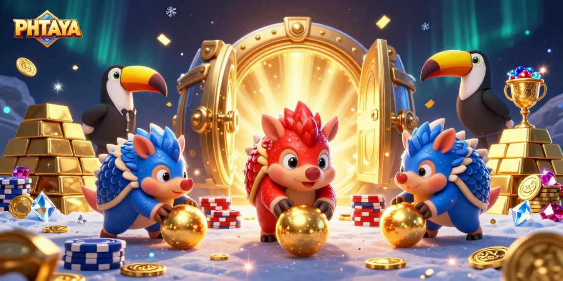 PHTAYA rivals compete in a vibrant casino scene, stacking poker chips while bowling golden treasures.