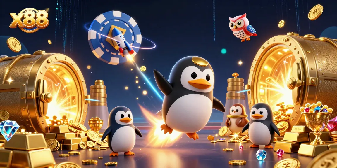 x88 penguin rockets toward a giant poker chip casino while golden treasures burst out