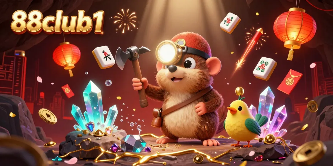 Engage with 88club1's vibrant casino scene featuring a treasure hunter mole uncovering riches.