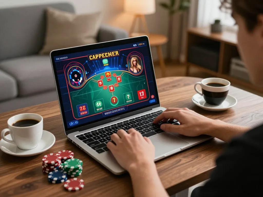 Engaging in exciting online gaming experience at 888b trang chủ, showcasing a vibrant setup with casino graphics.