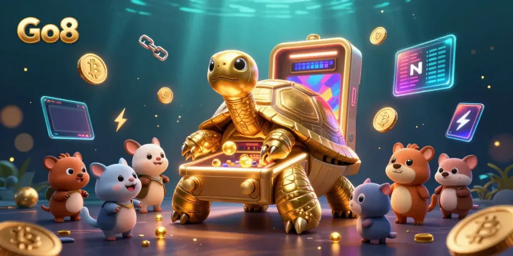 Spin the Go8 jackpot with a lively scene featuring a golden tortoise pinball machine and vibrant crypto coins.