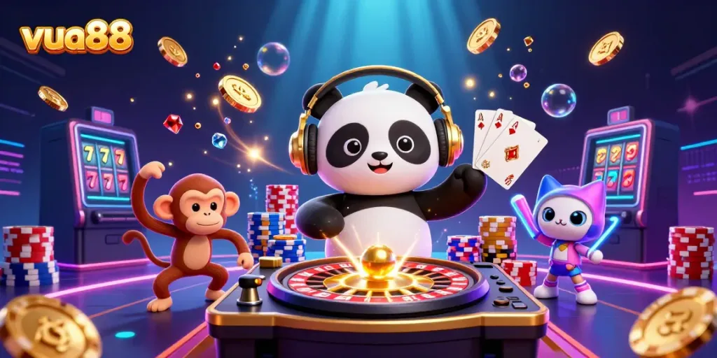 Experience the thrilling world of gambling with vua88 through vibrant characters and casino elements.