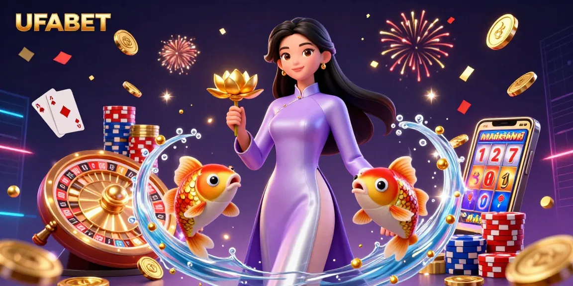 Experience the thrilling excitement of UFABET with vibrant 3D casino digital art featuring a captivating Asian woman and immersive gaming elements.