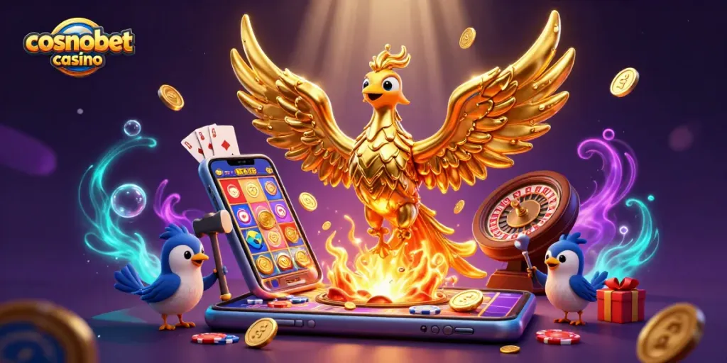 Experience the excitement of cosmobet casino, showcasing a molten phoenix and thrilling slot games.
