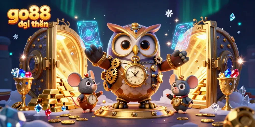 Experience the exciting go88 đổi thưởng with a vibrant 3D casino scene featuring a steampunk owl and treasures.