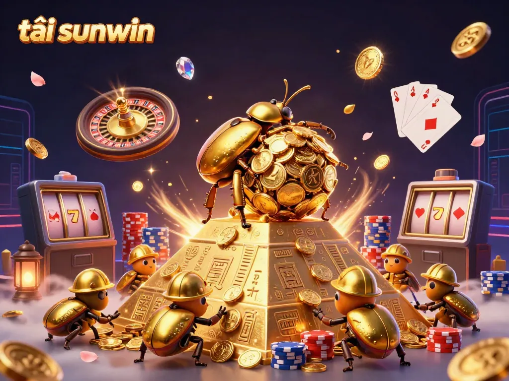 Engage with the vibrant scene featuring tải sunwin as a golden dung beetle rolls coins at a neon-lit casino landscape.