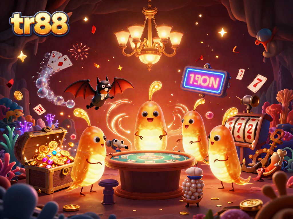 Engage with tr88 in a vibrant 3D casino scene featuring glowworms and treasure elements