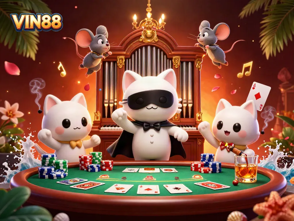 Engage in thrilling action at VIN88 with a vibrant casino scene featuring a masked cat and a mouse acrobat.