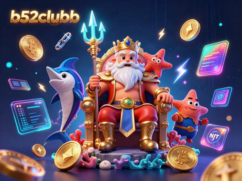 Engage with b52clubb's vibrant underwater casino where Neptune reigns supreme, surrounded by crypto coins and neon lights.