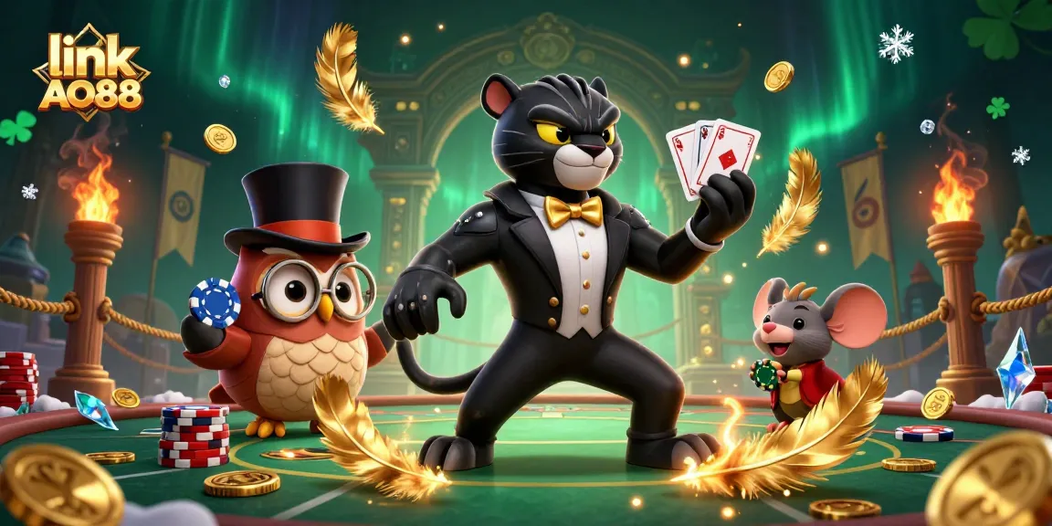 Engage with thrilling gameplay at link AO88 with a vibrant casino scene featuring a black panther dealer.