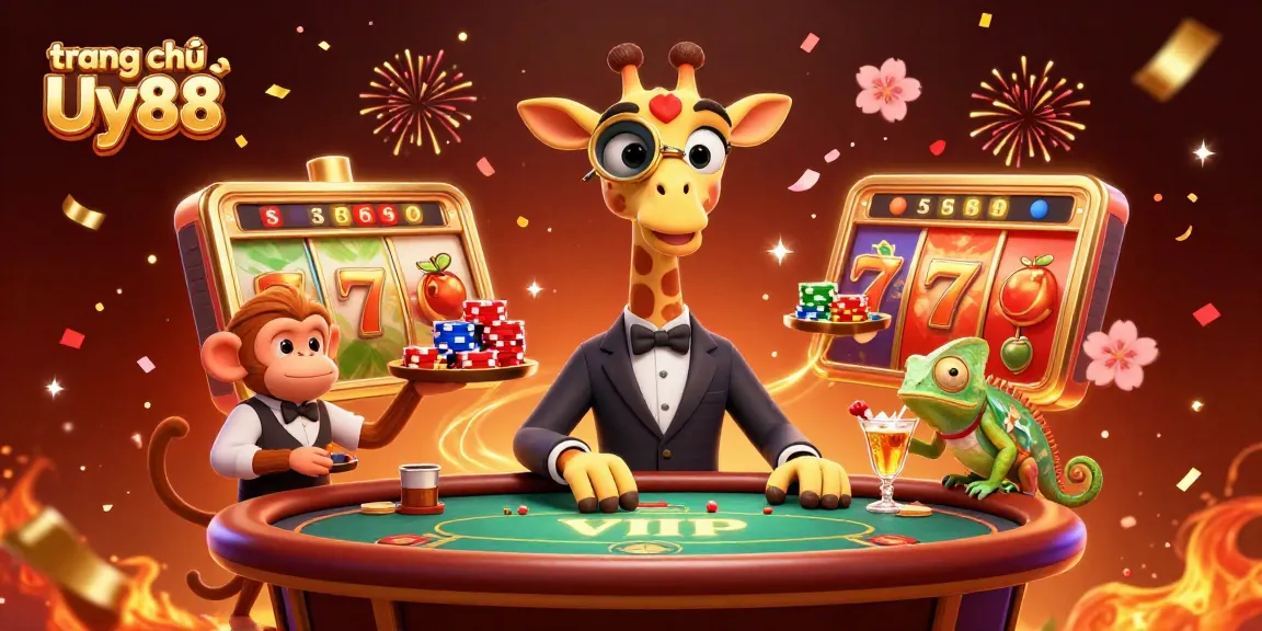 Engage with the exciting world of trang chủ Uy88 featuring vibrant characters celebrating with slot game elements.