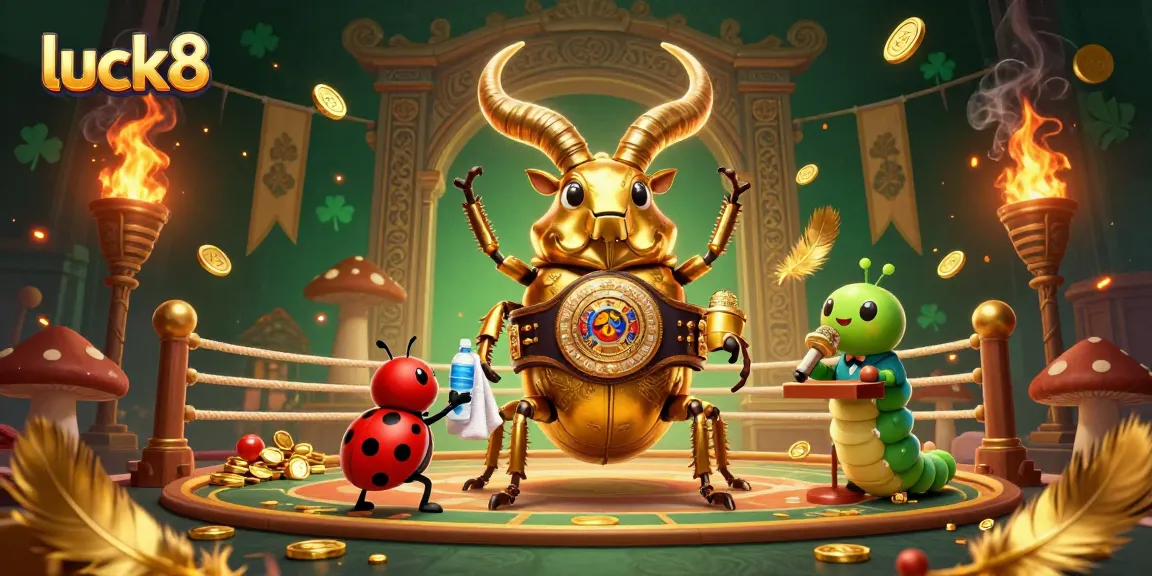 Luck8 casino scene with a golden stag beetle champion, ladybug corner-man, and caterpillar announcer.