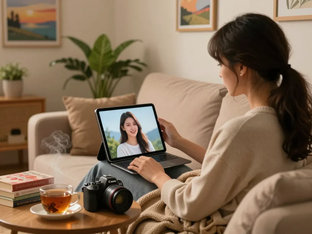 Engaging conversation with an AI girlfriend in a cozy bedroom