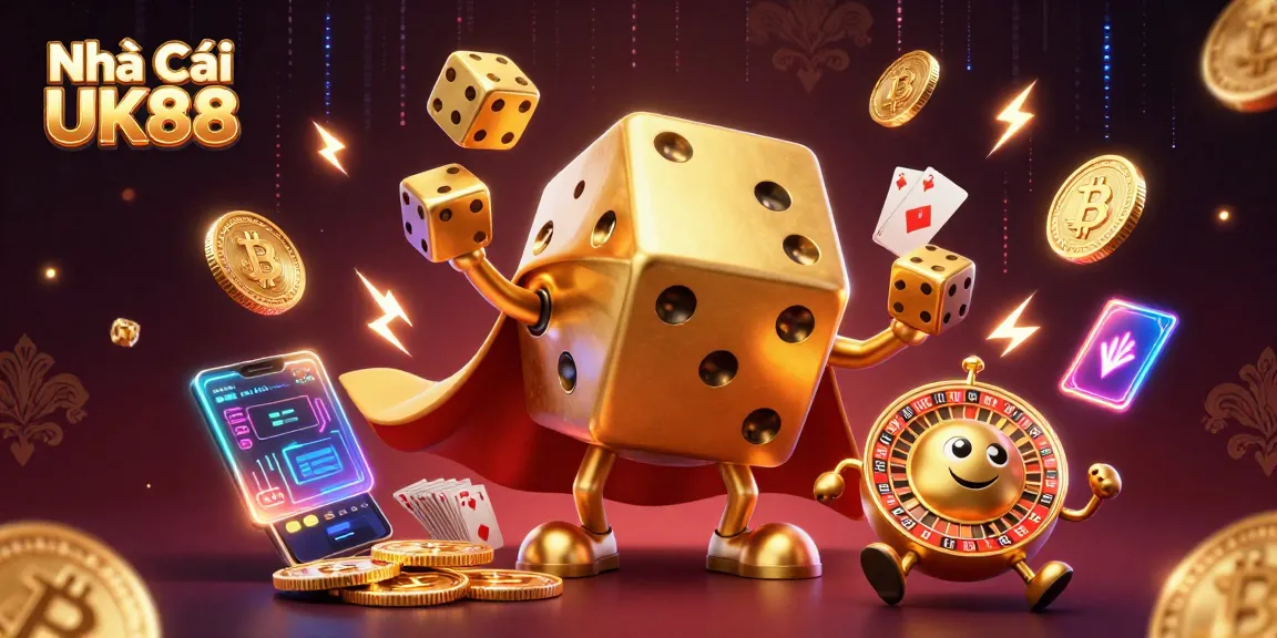 Engaging illustration of Nhà Cái UK88 with colorful 3D casino elements promoting exciting gambling experiences.