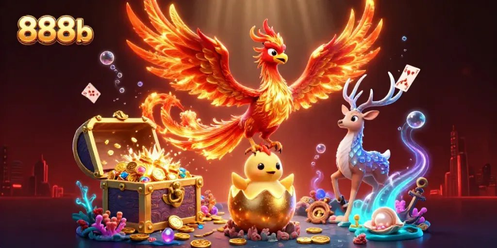 Engage with the vibrant scene of 888b showcasing a phoenix and mystical stag amidst glowing casino treasures.