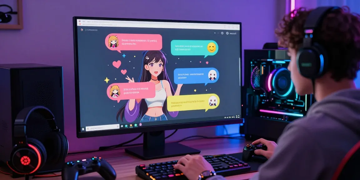 AI chat hentai dialogue with animated characters on a computer screen, showcasing vibrant interaction.