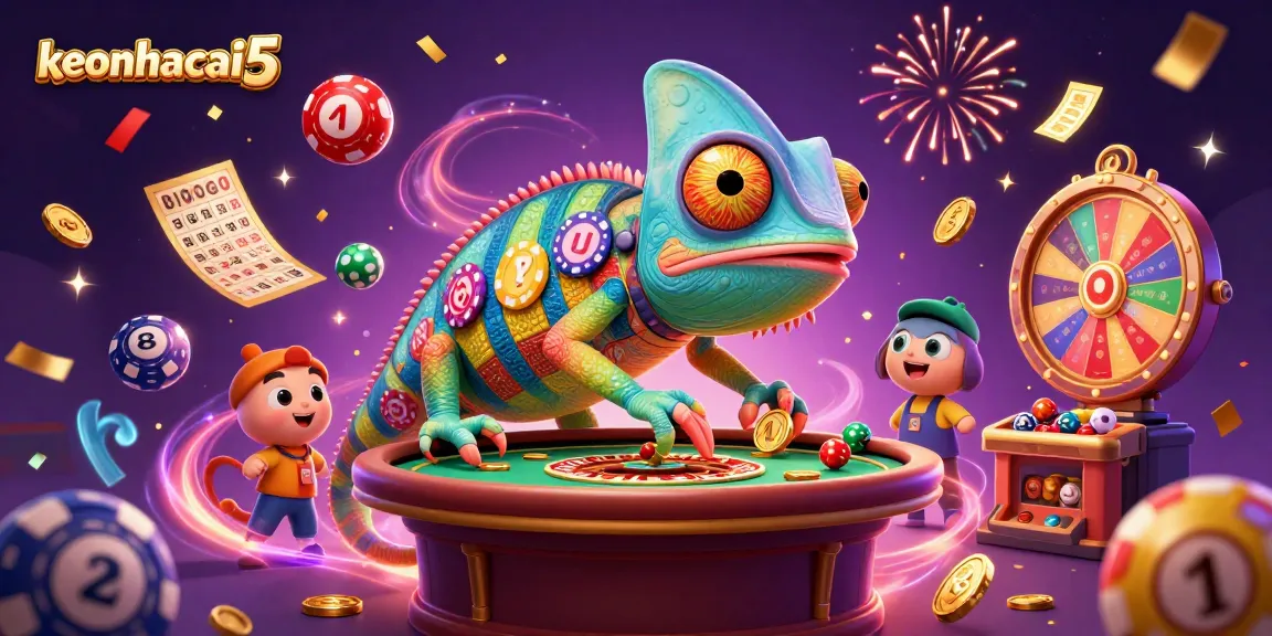 Engage with keonhacai5 by exploring colorful lottery balls and exciting casino elements in this vibrant illustration.