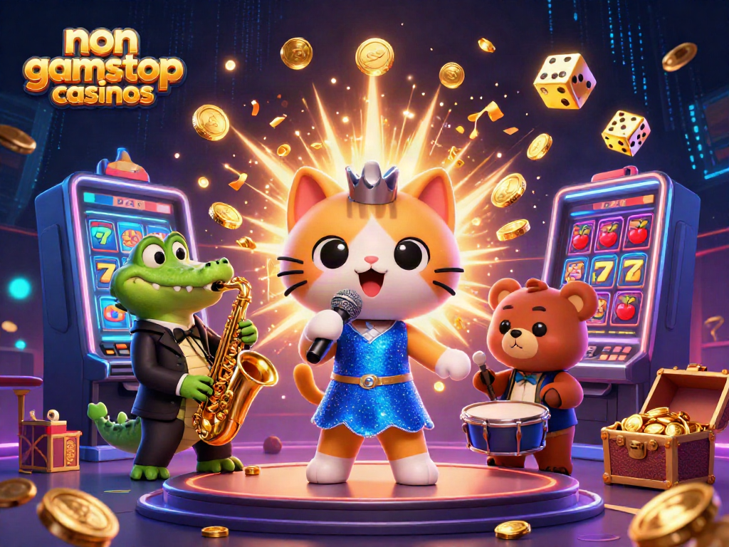 Engaging illustration of non gamstop casinos featuring quirky cartoon characters performing with vibrant casino elements.