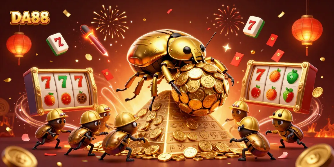 Experience the thrilling world of DA88 as golden dung beetles celebrate casino wins with vibrant game elements.