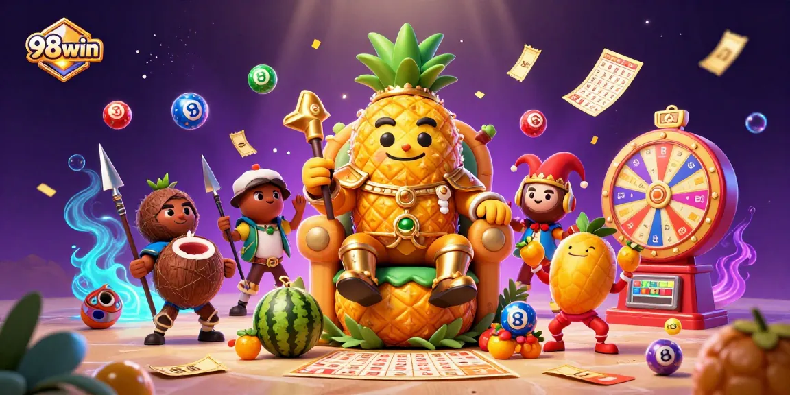 Engaging 98win illustration featuring a golden pineapple king and vibrant gaming elements, perfect for casino promotion.