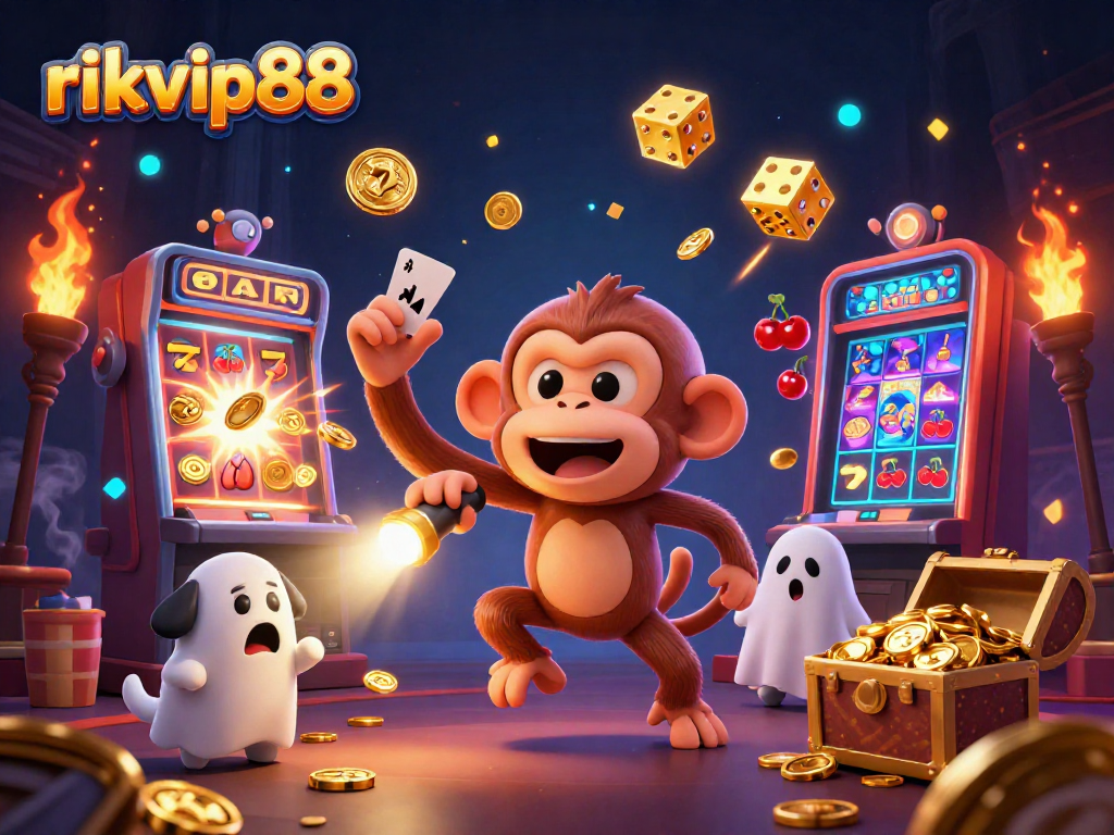 Engage with rikvip88's thrilling casino experience through a vibrant 3D illustration of a playful monkey and ghost-hunter.
