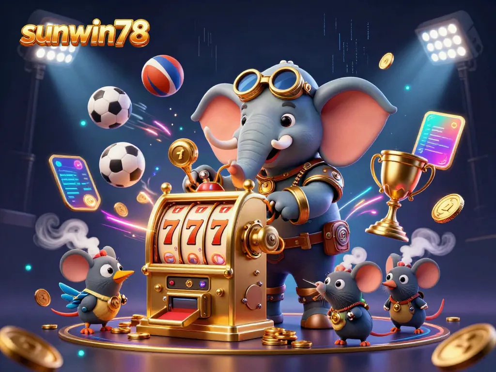 Experience the thrill of betting at sunwin78 with a vibrant 3D illustration featuring steampunk characters and dynamic casino elements.