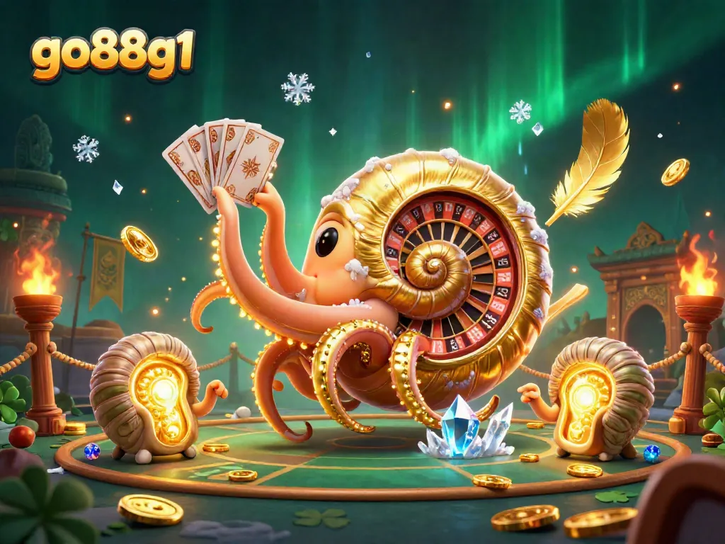 Play exciting games at go88g1 with a giant nautilus holding cards and golden coins swirling around