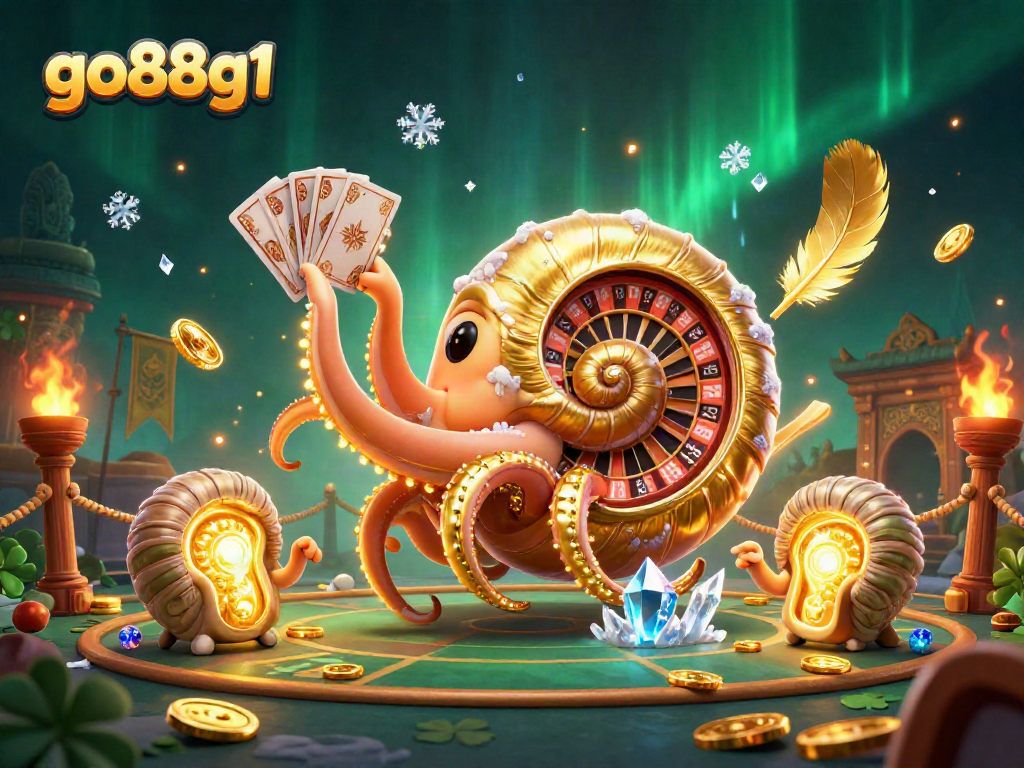 Play exciting games at go88g1 with a giant nautilus holding cards and golden coins swirling around