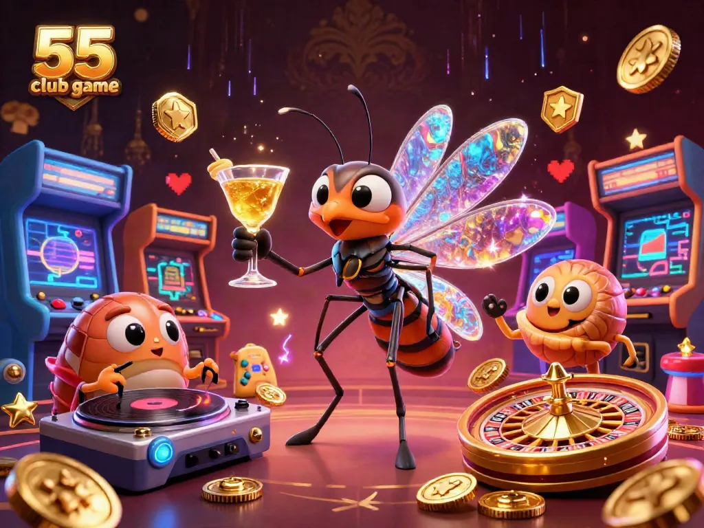 The 55 club game showcases a vibrant casino scene with characters interacting around various gaming elements, offering an exciting experience.