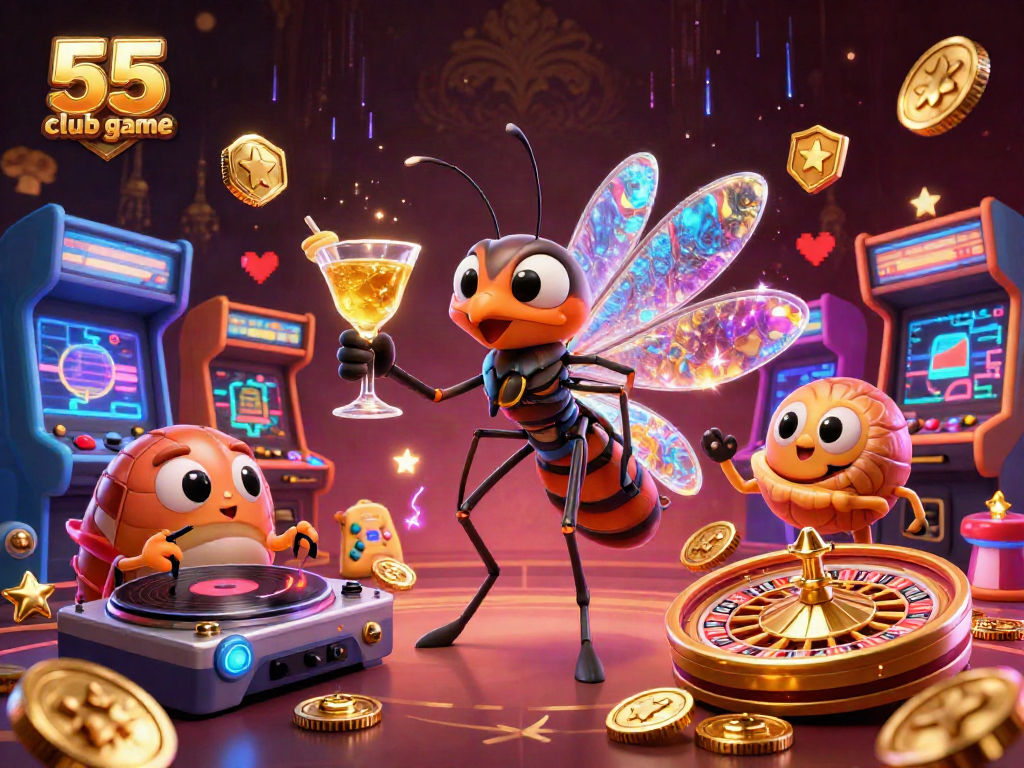The 55 club game showcases a vibrant casino scene with characters interacting around various gaming elements, offering an exciting experience.