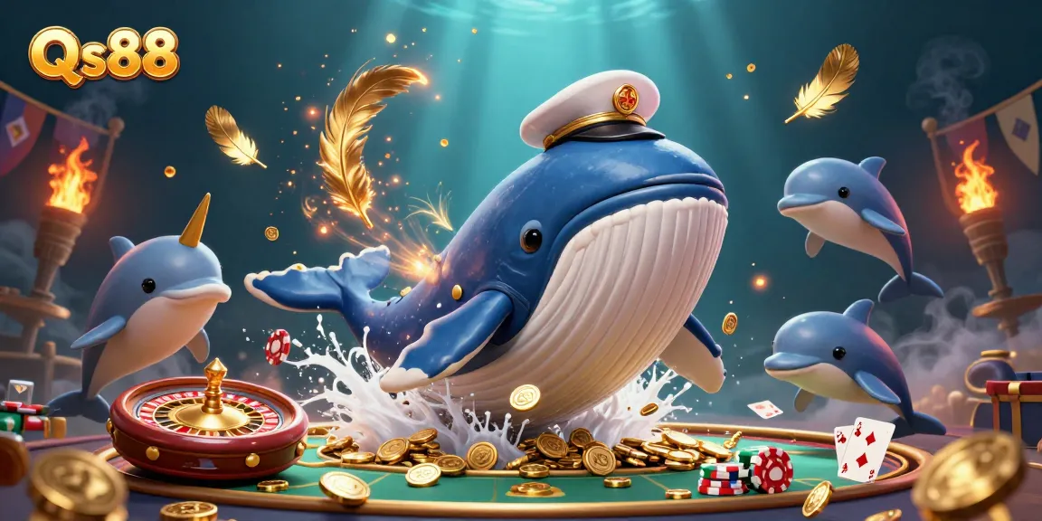 Experience thrilling casino moments with Qs88 as a whale breaching through coins, highlighting gaming excitement.