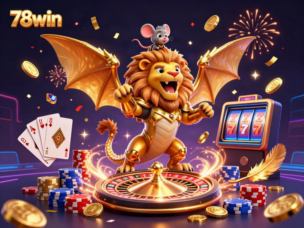 Engage in thrilling casino adventures with 78win's dynamic illustration filled with games and excitement.