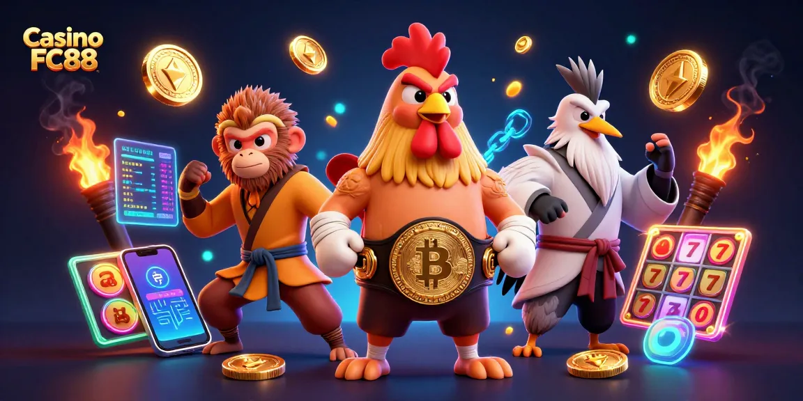 Engage in thrilling gameplay at Casino FC88 with vibrant 3D illustrated characters and game elements.