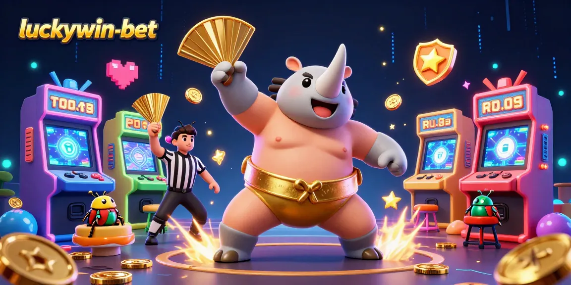Experience vibrant gaming action at luckywin-bet with a festive 3D casino scene packed with characters and game elements.