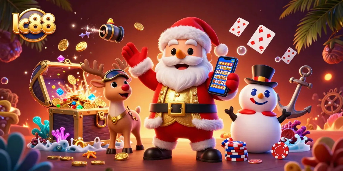 Win big at lc88 with Santa and friends celebrating jackpot slots in a vibrant casino scene.
