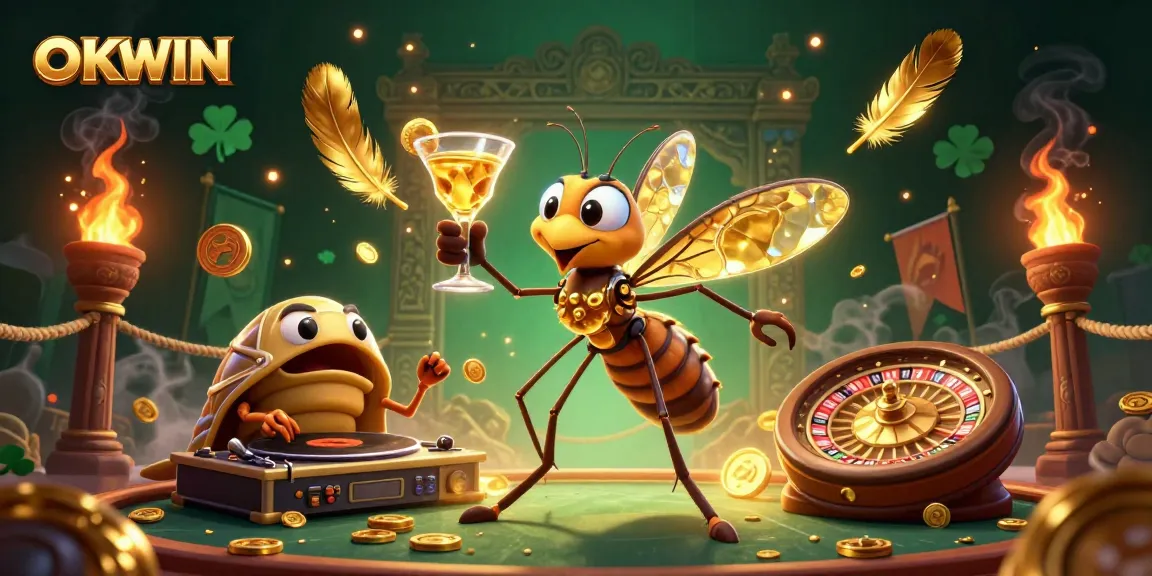 OKWIN casino mascot in dynamic 3D illustration, depicting vibrant gambling elements with cartoon flair.