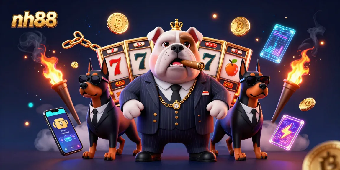 Win big at nh88 with a vibrant 3D illustration featuring a mafia boss bulldog and slot game elements.