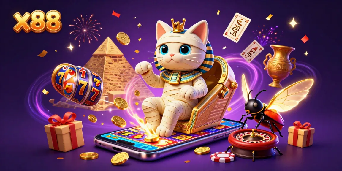 Experience exciting wins at x88 with a vibrant illustration of a mummy cat and a scarab in a dynamic casino setting.