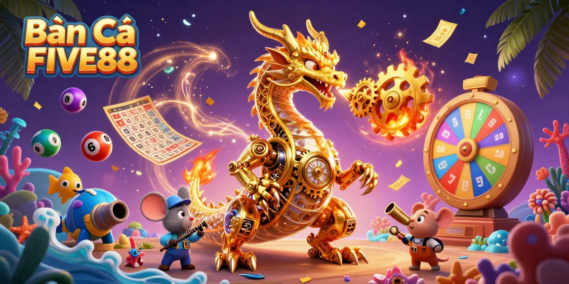 Bắn Cá FIVE88: Engage in thrilling underwater adventures shooting vibrant sea creatures in this dynamic online game illustration.