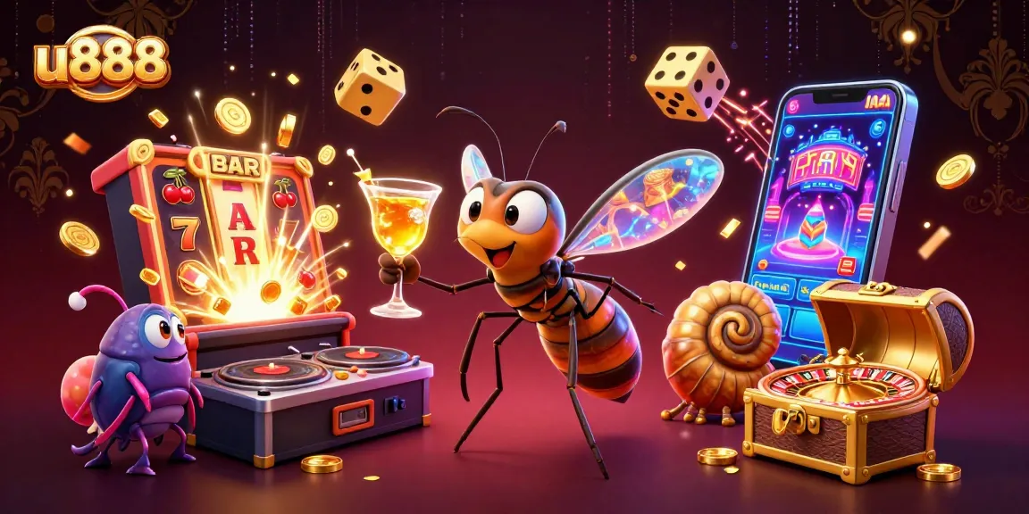 Engage in thrilling u888 casino action with a vibrant 3D cartoon scene featuring our lively mascot and popular game elements.