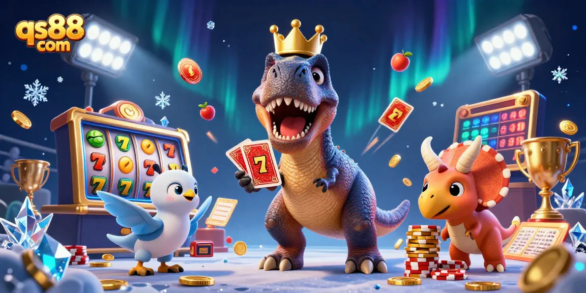 Engage in exciting gameplay at qs88 com with a thrilling T-Rex and friends in a colorful casino scene.