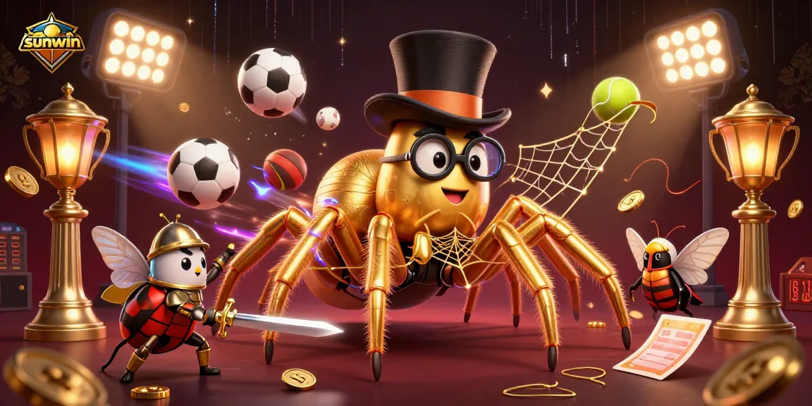 Experience sunwin at a lively casino scene with a spider weaving gold while a beetle knight approaches.