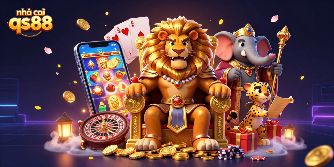 Play exciting games at nhà cái qs88 with royal symbols and vibrant casino elements.